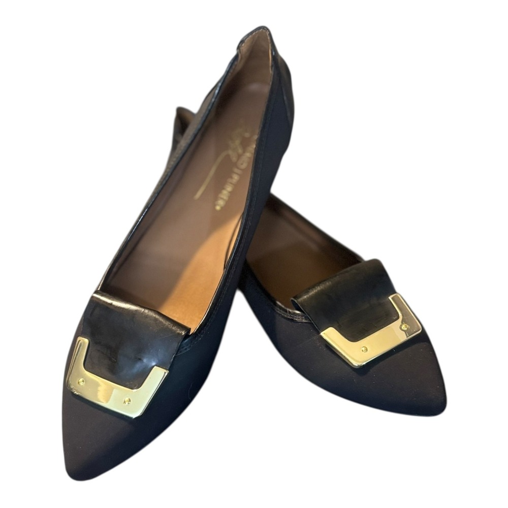 Donald‎ J Pliner Womens Nila Mini Wedge Flat 6.5 Black Suede Patent Gold Buckle - Picture 2 of 12